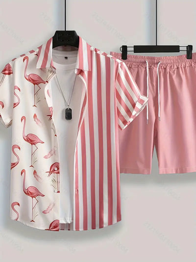 Edmund - Herren-Set aus Hemd und Shorts mit Flamingo- und Streifen-Grafikdruck