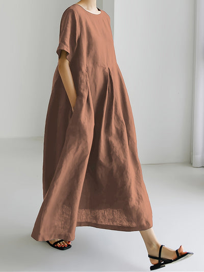 Leinen-Mix Midi-Kleid mit Taschen – Kurzarm Hochtailliert Sommermode