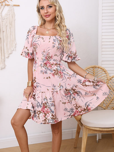 Geblümtes mit eckigem Ausschnitt  Luftiges A-Linien-Kleid mit Rüschenärmeln