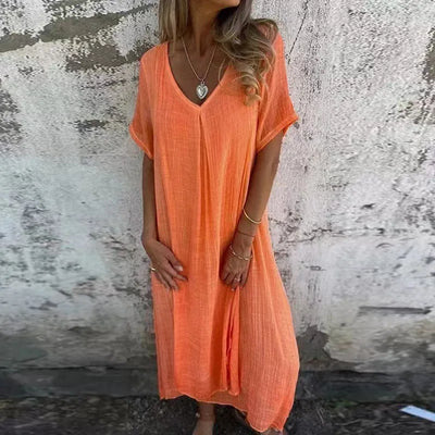 Halbamtliches Kleid aus Leinen mit V-Ausschnitt