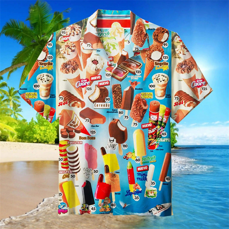 Herren Hawaiianhemd Eiscreme-Print Retro Sommer Strand Freizeitshirt