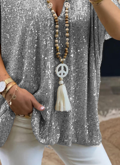Damen Pailletten Tunika mit V-Ausschnitt – Glitzerndes Oversize-Shirt für festliche Anlässe