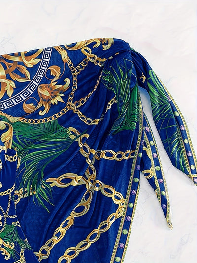 Eleganter 2-teiliger Badeanzug mit Kettenmuster – V-Ausschnitt, Push-Up, Spaghettiträger