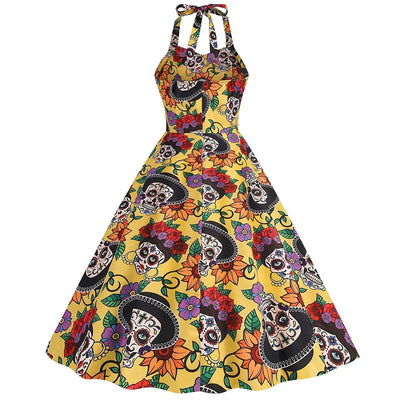 Halloween Kostüm Kleid mit Totenkopf Druck | Midi