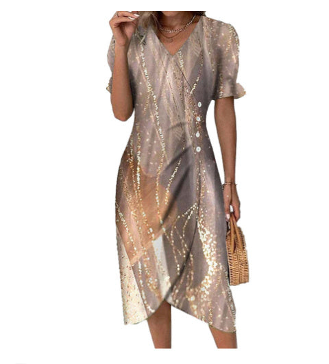 Shirley – V-Ausschnitt Kleid mit Blumensaum und Unregelmäßigem Muster