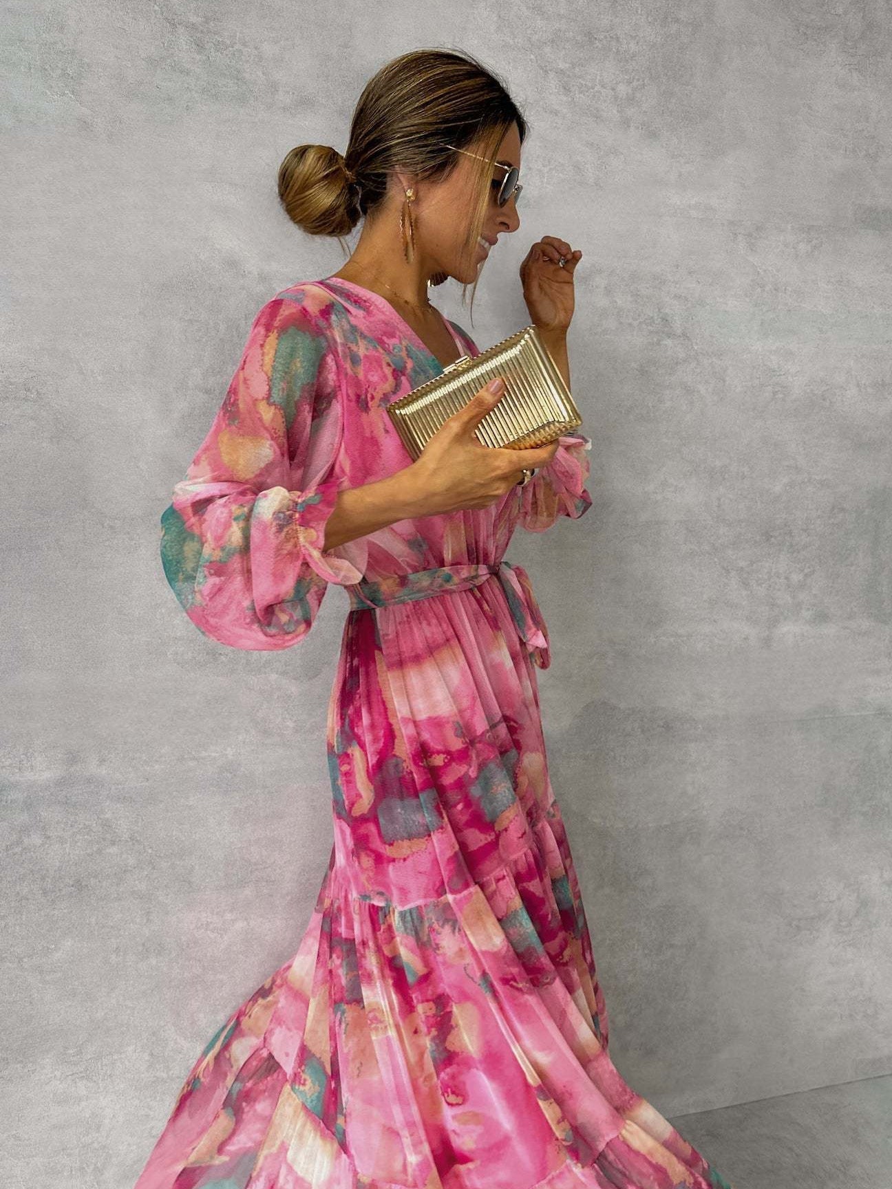 Jenny – Elegantes Chiffon-Kleid mit Kordelzug und Patchwork