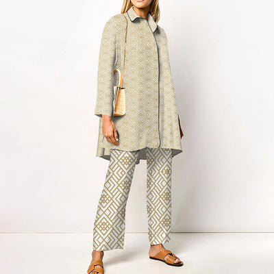 Damen Zweiteiler Set mit grafischem Muster – Eleganter Freizeitanzug für Büro & Alltag