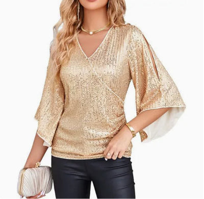 Alice – Pailletten T-Shirt für Damen, Kurzarm, mittellang