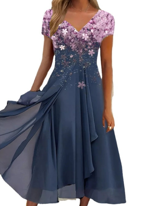 Damen A-Linien Chiffonkleid mit Blumendruck und V-Ausschnitt – Elegantes Sommerkleid für festliche Anlässe