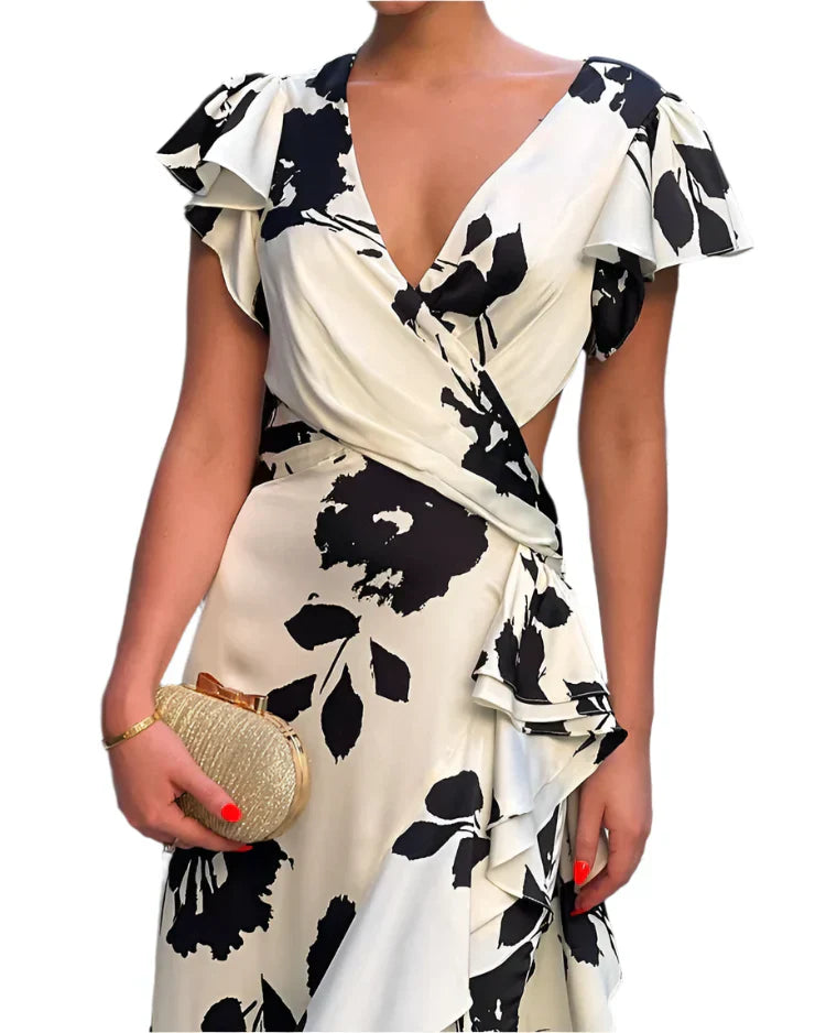 Marcy - Bedrucktes Kleid mit V-Ausschnitt und Rüschärmeln