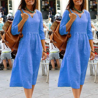 Damen Leinenkleid mit 3/4-Ärmeln – Bequemes Freizeitkleid im Vintage-Stil für Alltag und Urlaub