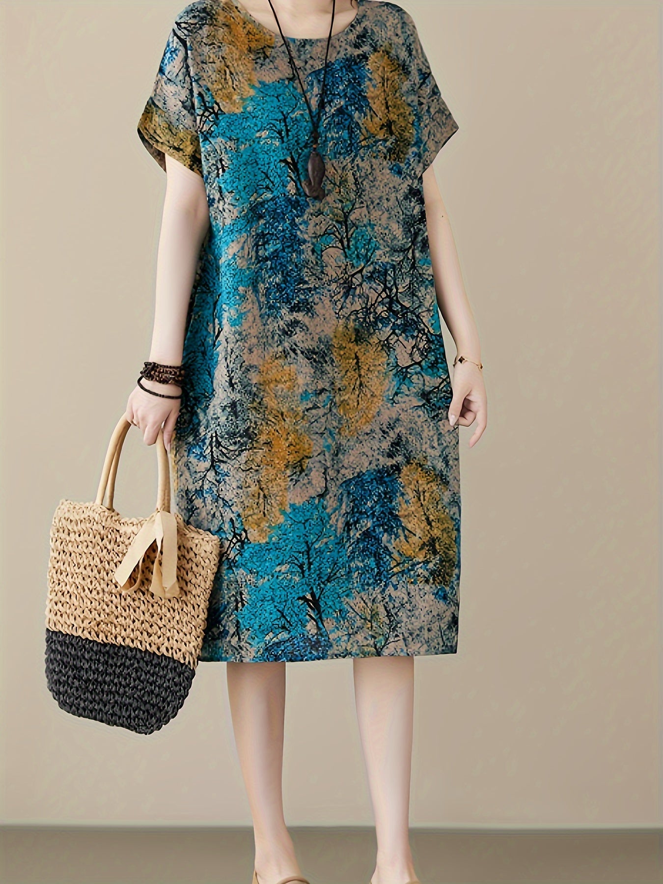 Lässiges Plus-Size Leinenkleid – Blumenkleid mit Rundhalsausschnitt & Taschen