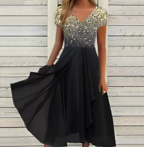 Damen A-Linien Chiffonkleid mit Blumendruck und V-Ausschnitt – Elegantes Sommerkleid für festliche Anlässe