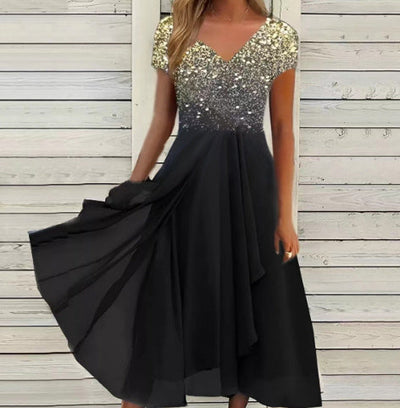 Damen A-Linien Chiffonkleid mit Blumendruck und V-Ausschnitt – Elegantes Sommerkleid für festliche Anlässe