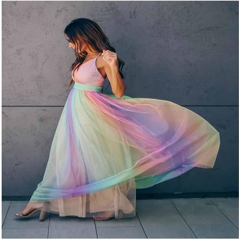 Adele – Regenbogenfarbenes Mesh-Trägerkleid für Damen