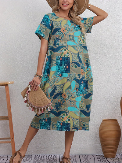 Elegantes Leinenkleid mit Blumendruck & Tasche – Leicht & Luftig für Sommer