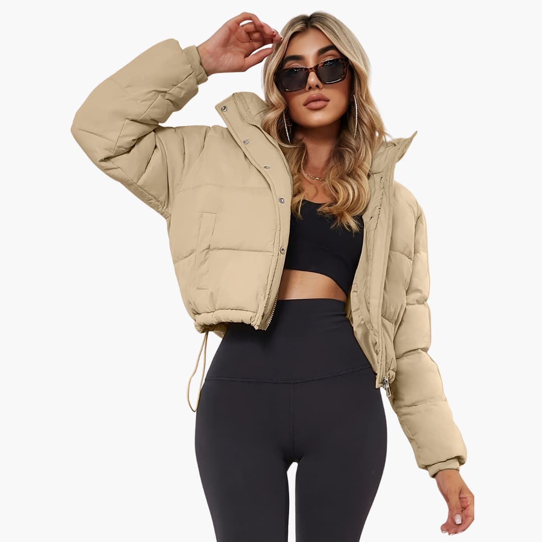 Damenkurze Jacke mit Kapuze und Reißverschluss