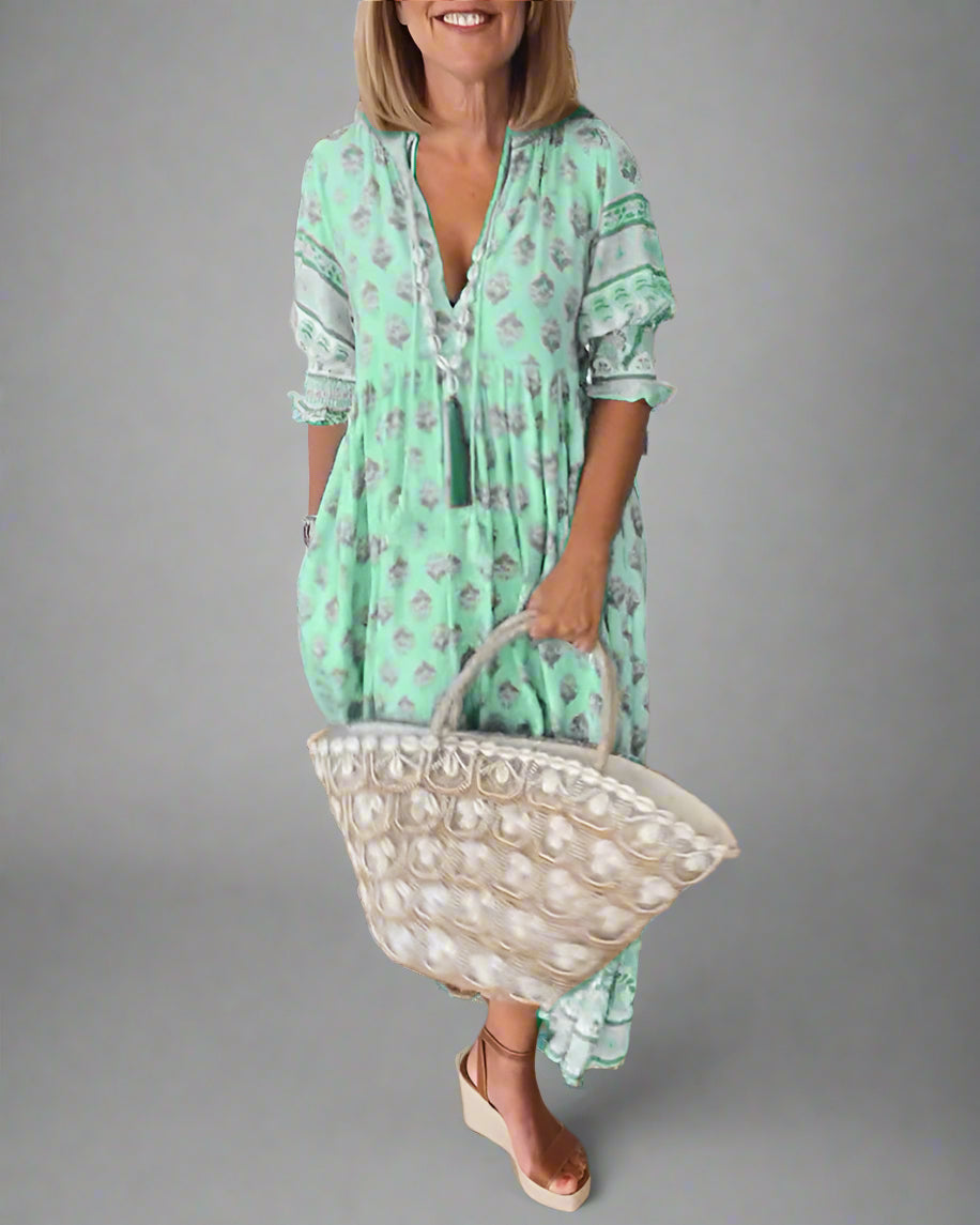 Friederike | Midi-Kleid mit V-Ausschnitt und Eleganten Puffärmeln