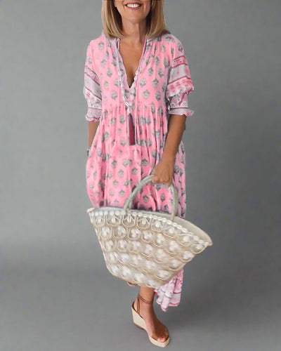 Friederike | Midi-Kleid mit V-Ausschnitt und Eleganten Puffärmeln