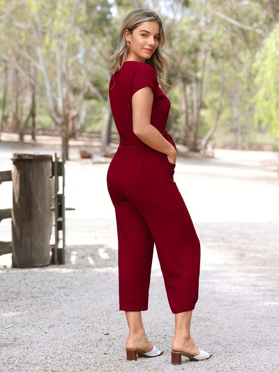 Stylischer Kurzarm-Jumpsuit mit Knopfleiste und Taillengürtel - LuftVibe