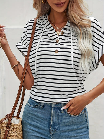 Gestreifte Damen Hoodie mit kurzen Ärmeln und Knopfverschluss – Romy