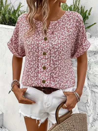 Cindy™ | Blumenmuster mit Schlitz-Ausschnitt Bluse