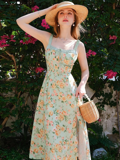 Elegantes Sommer-Maxikleid – Blumenmuster, Ärmellos, Breite Träger, Geteilter Saum