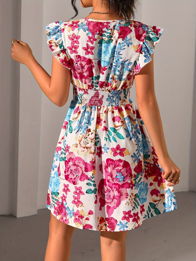 Elegantes Blumenkleid – V-Ausschnitt, Rüschen, geraffte Taille, luftig & bequem für Frühling