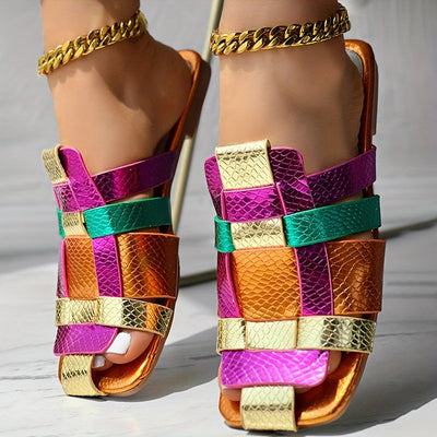 Patchwork Sandalen Damen Metallic Flecht Design Bequeme