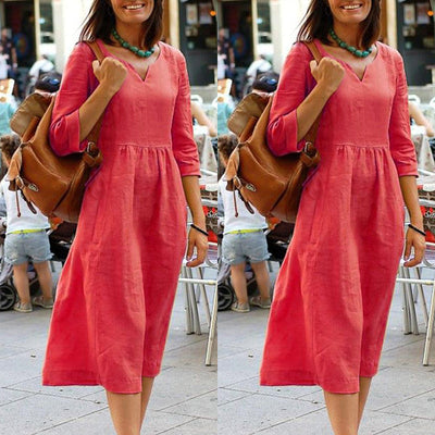 Damen Leinenkleid mit 3/4-Ärmeln – Bequemes Freizeitkleid im Vintage-Stil für Alltag und Urlaub