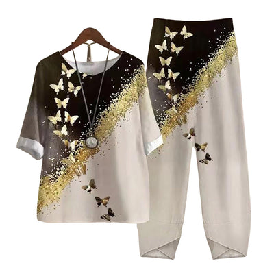 Damen Zweiteiliges Set Casual mit 3D Libellenmuster – Lockeres Halbarm Oberteil und Hose, Alltag & Freizeit, Asiatischer Stil