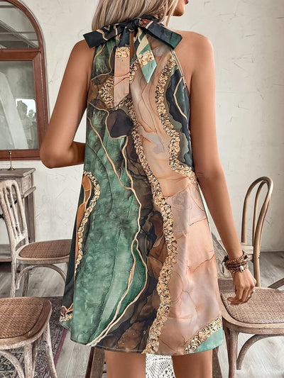 Halterneck Midi Kleid mit Print, Asymmetrischem Saum & Taillenband