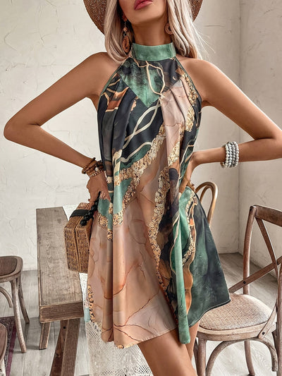 Halterneck Midi Kleid mit Print, Asymmetrischem Saum & Taillenband