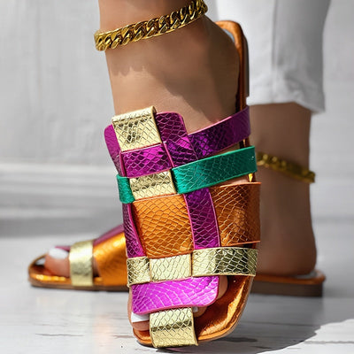 Patchwork Sandalen Damen Metallic Flecht Design Bequeme