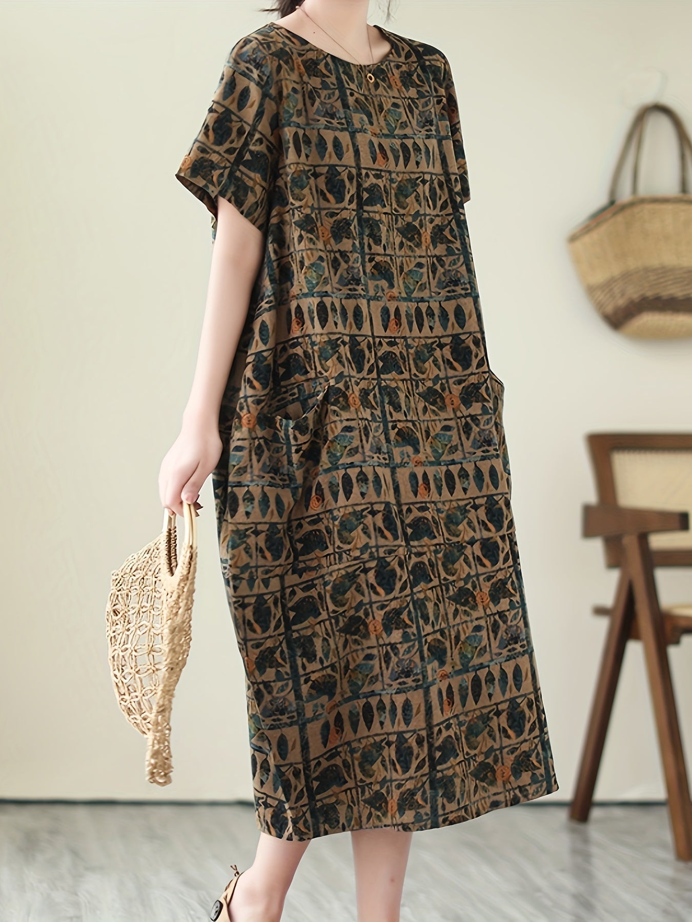 Elegantes Midikleid – Vintage-Grafik, Taschen, Luftig, Kurzarm & Bequem