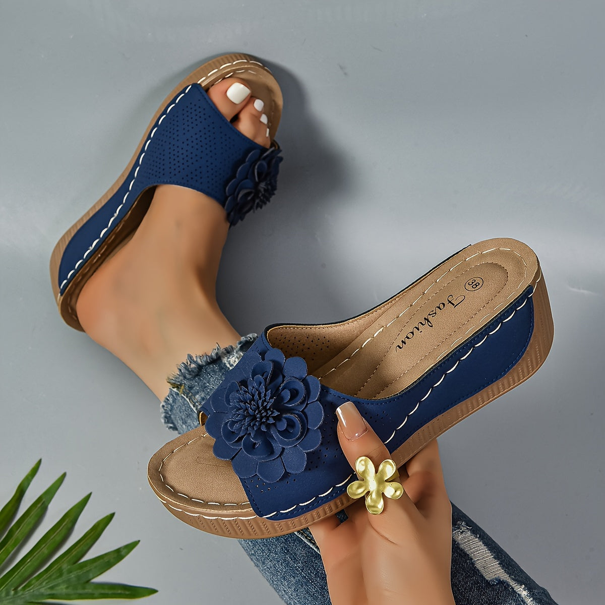 Keilabsatz Sandalen Bequeme Slip-On Schuhe mit Blumen-Deko