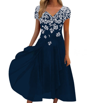 Damen A-Linien Chiffonkleid mit Blumendruck und V-Ausschnitt – Elegantes Sommerkleid für festliche Anlässe