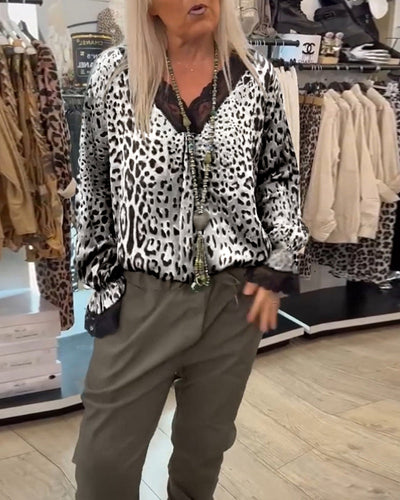 Stylische Bluse mit Leopardenmuster V-Ausschnitt und Patchwork-Spitze für Damen