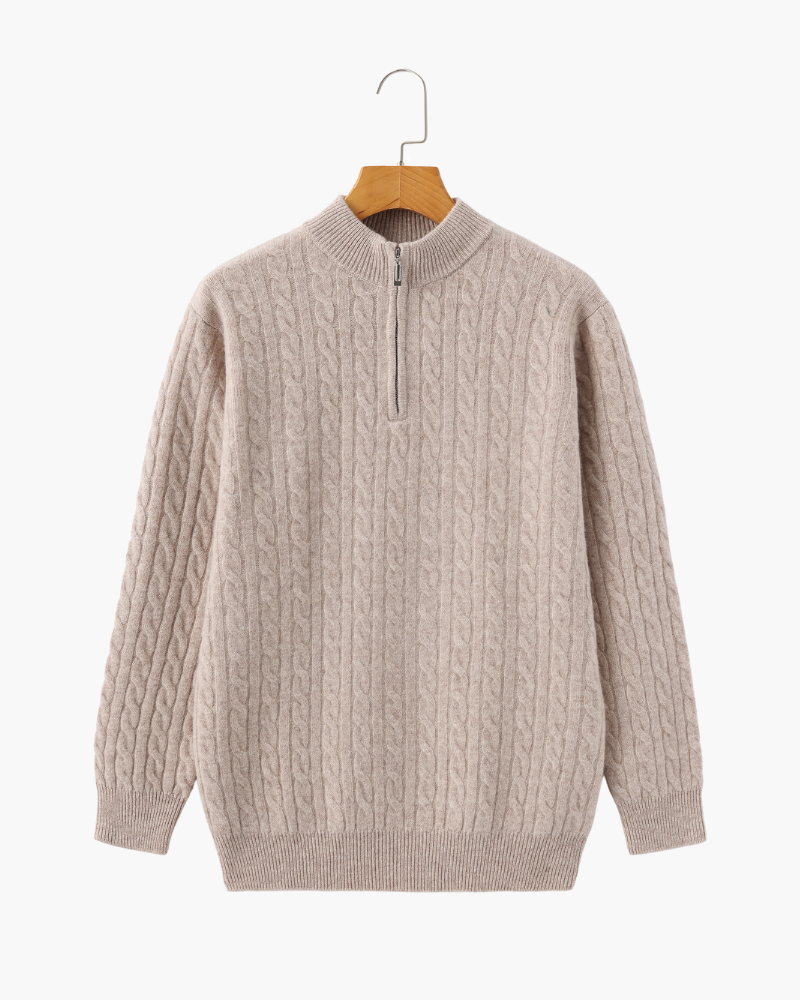 Roman | Chunky knit Herren Chasmere Pullover mit Kabelstrickmuster & Halb Reißverschluss Kragen