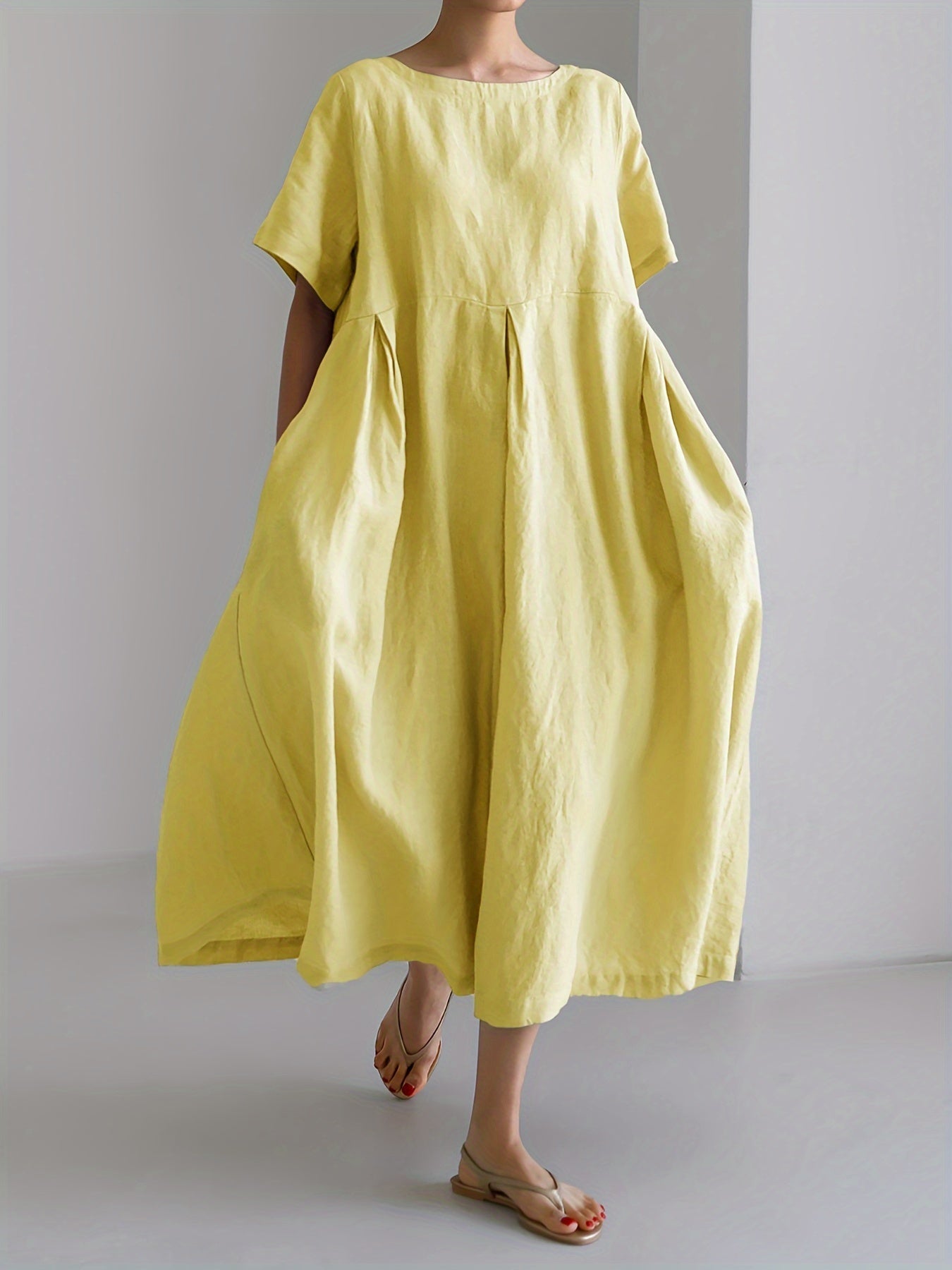 Leinen-Mix Midi-Kleid mit Taschen – Kurzarm Hochtailliert Sommermode