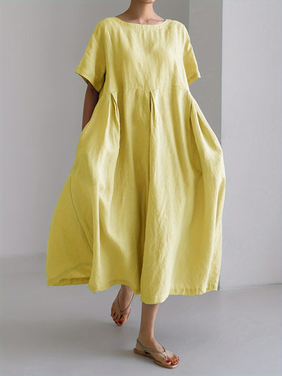 Leinen-Mix Midi-Kleid mit Taschen – Kurzarm Hochtailliert Sommermode