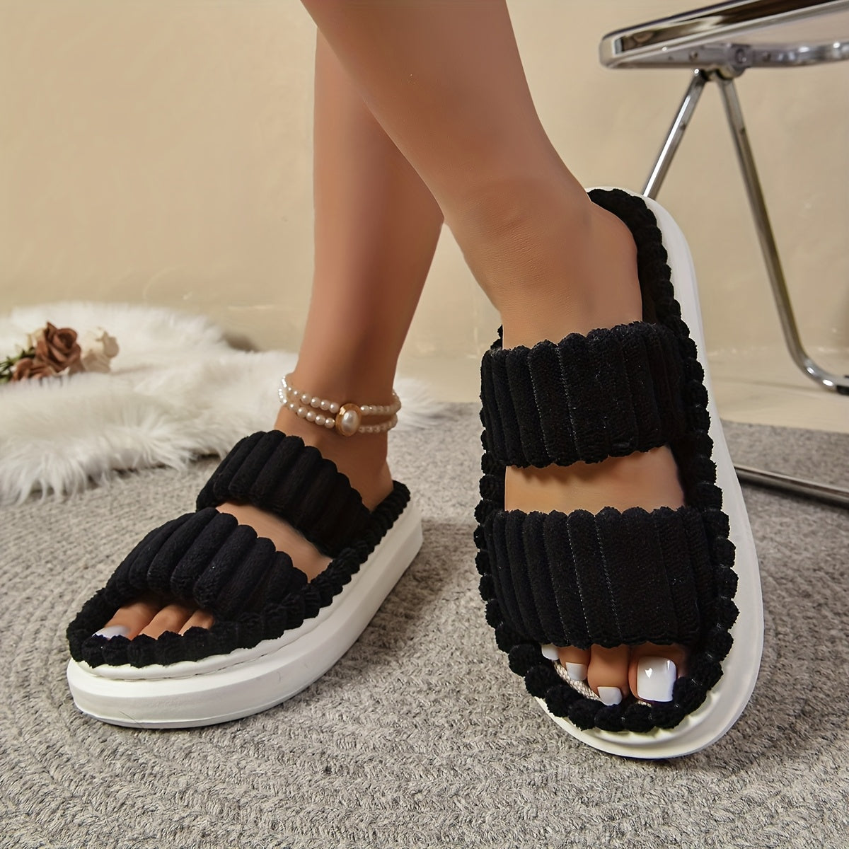 Damen Zweifarbige Gestreifte Stoff Sandalen – Modisch, Minimalistisch & Bequem