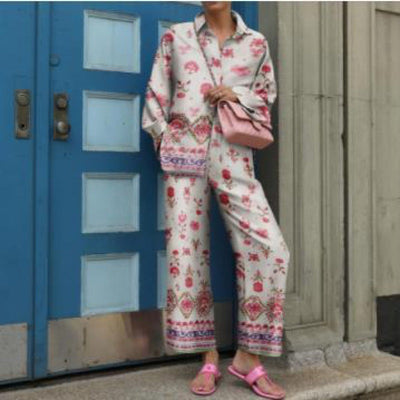 Damen Zweiteiler Set mit grafischem Muster – Eleganter Freizeitanzug für Büro & Alltag