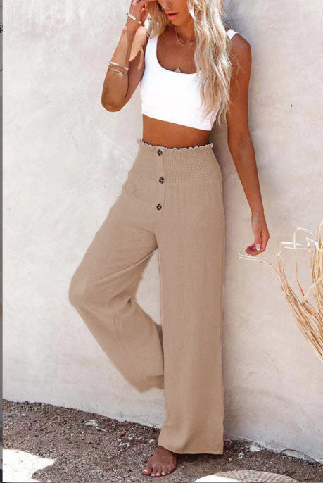 Damen High-Waist Freizeithose mit Knopfdetail – Weit geschnittene Sommerhose im Boho-Stil