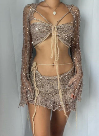 Extravagantes Damen-2-Teiler-Set mit Netzoptik für Festival & Clubwear