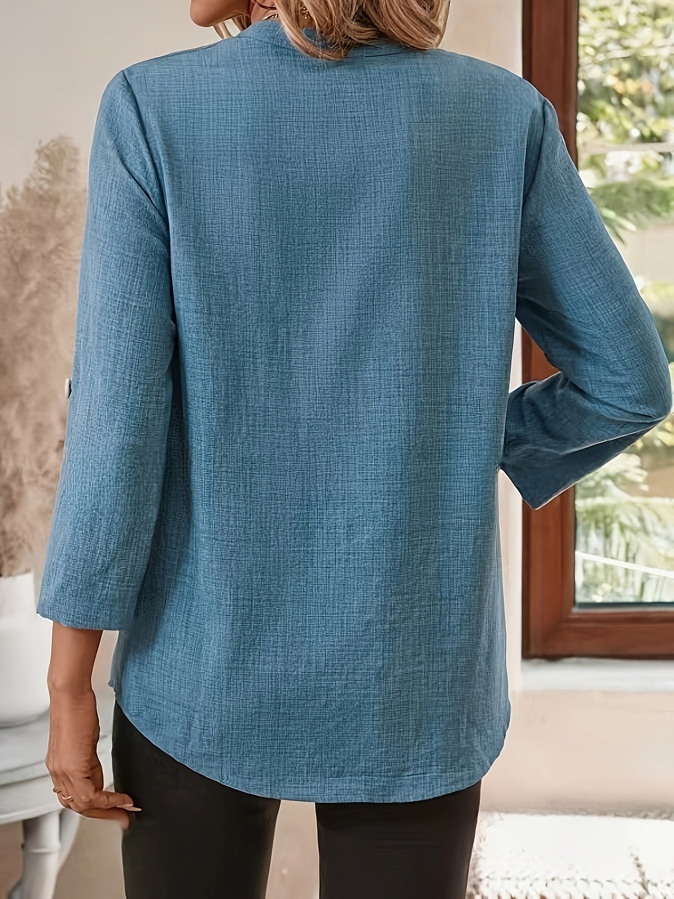 Langarm V-Ausschnitt Hemd, Casual Notch-Kragen Oberteil aus Polyester