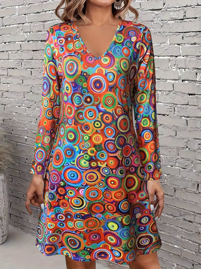 Lässiges Farbiges Kleid – V-Ausschnitt, Langarm, Locker & Bequem für Frühling