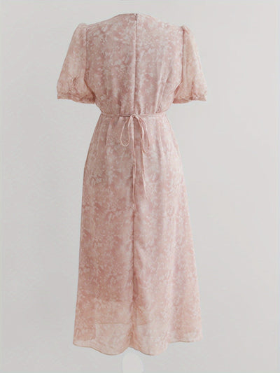 Elegantes Chiffon-Midikleid – Blumenmuster, V-Ausschnitt & Puffärmel