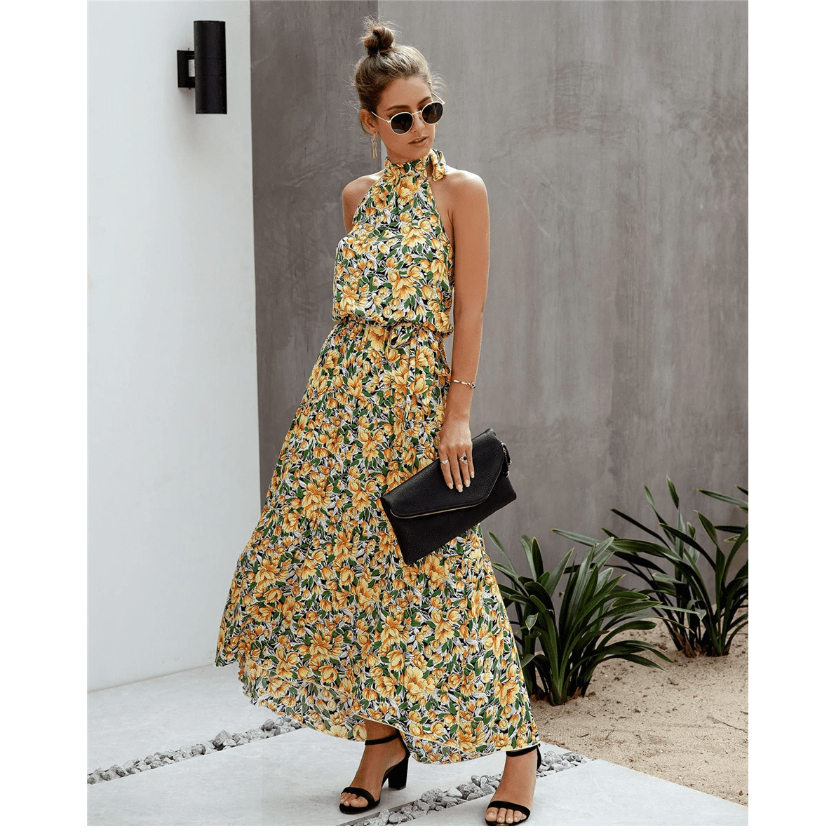 Maribel Blomster Boho Maxikleid mit Schlitz im Hals