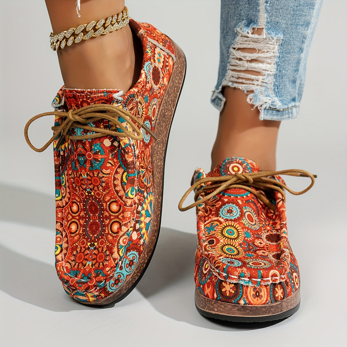 Damen Vintage Blumen Schnürschuhe